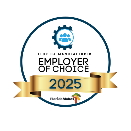 Circular award badge: Florida Manufacturer Employer of Choice 2025 with blue gear icon and gold ribbon.