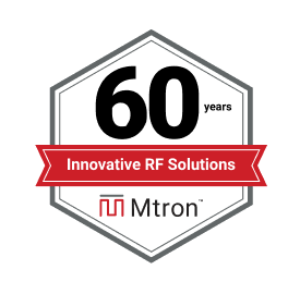 Hexagonal badge celebrating 60 years of Innovative RF Solutions by Mtron, with a red ribbon banner.